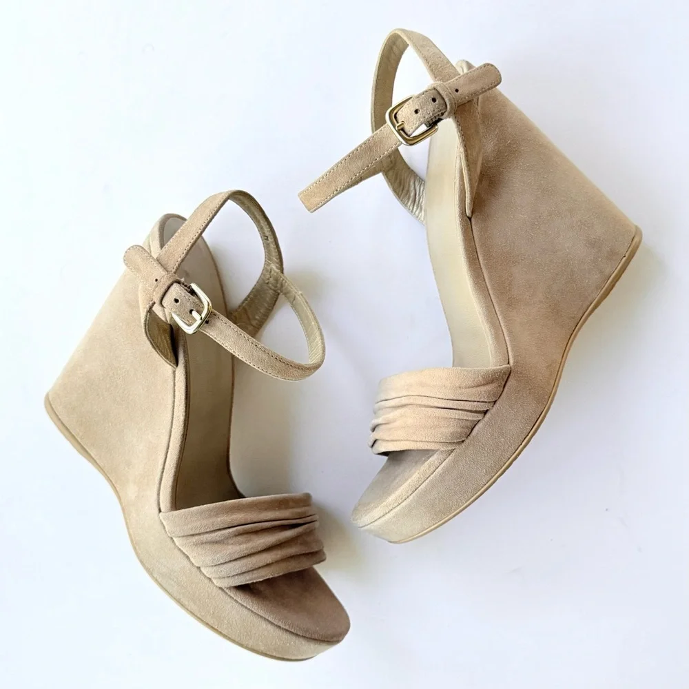 Stuart Weitzman Sundraped Tan / Beige Suede Wedge Ankle Strap Sandals 8.5